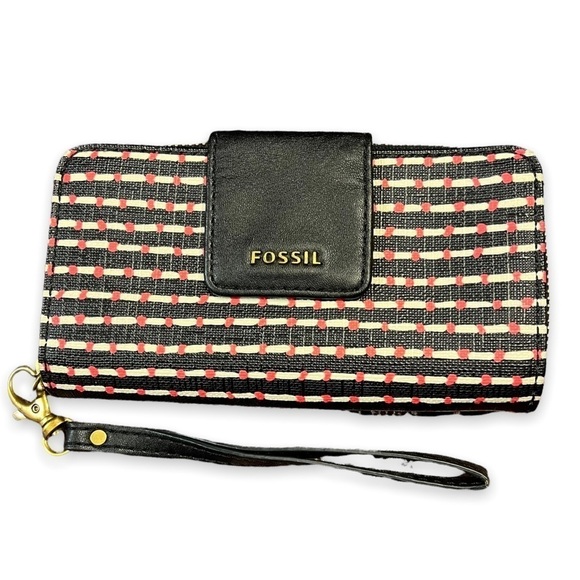 Fossil Madison Zip Around Clutch Wallet Wristlet Black White Stripes Red Dots - Picture 1 of 10
